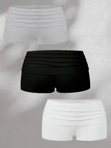 Three-Piece Plain Color Basic Pleated Shorts Set, Sweet Cool Punk Style Home Wear Hot Pants, Slim-Fitting Fashion Bottoms Womenswear