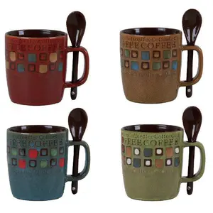 Mr. Coffee 13oz Ceramic Reusable Cup Set - Colorful Cafe-Themed Kitchenware, Washable Tableware for Americano Drink Serving