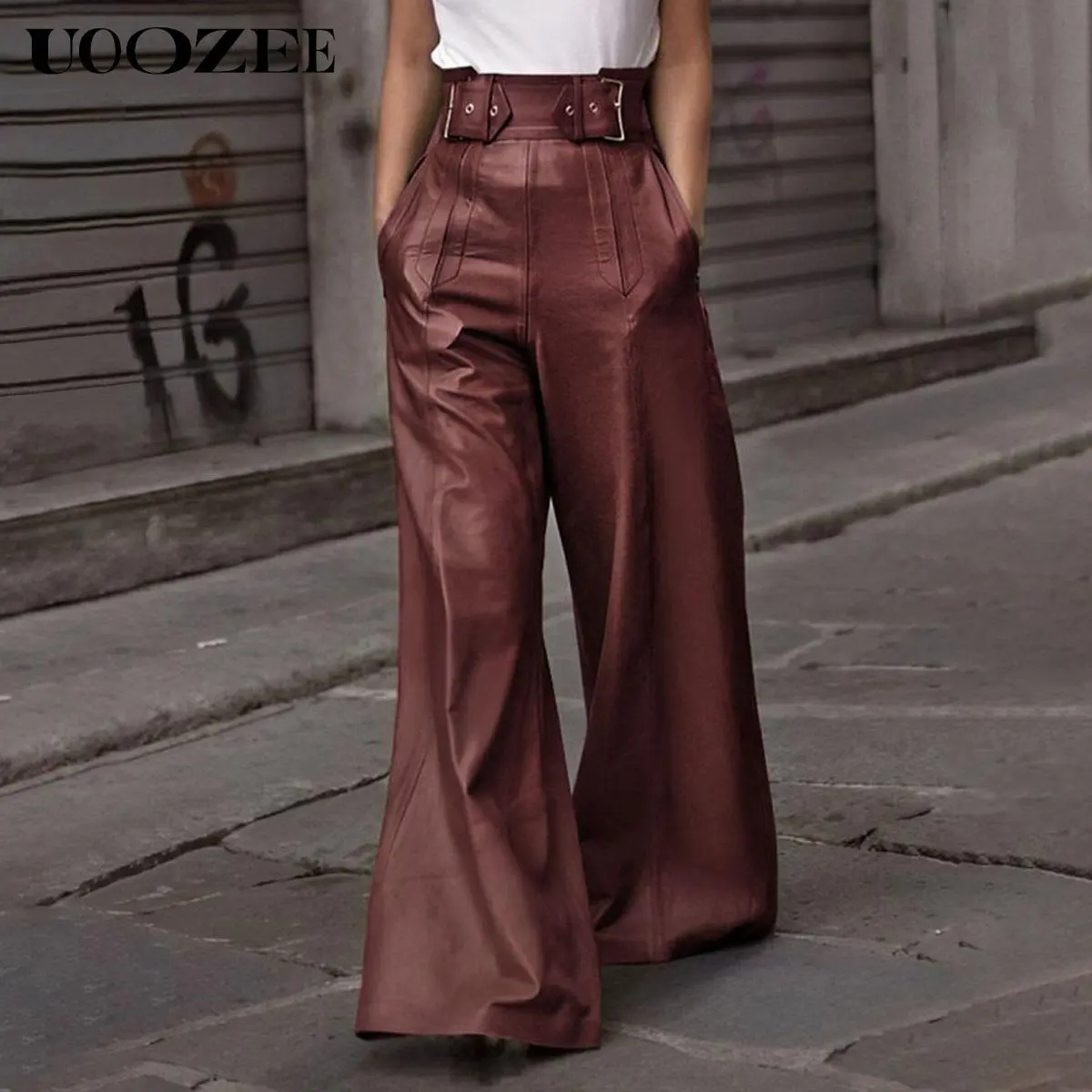UOOZEE Women's Faux Leather High-Waist Wide-Leg Pleated Pants - PU Synthetic Leather, Pockets, Going-Out Trousers, Faux Leather Pants, Pu Leather Pants