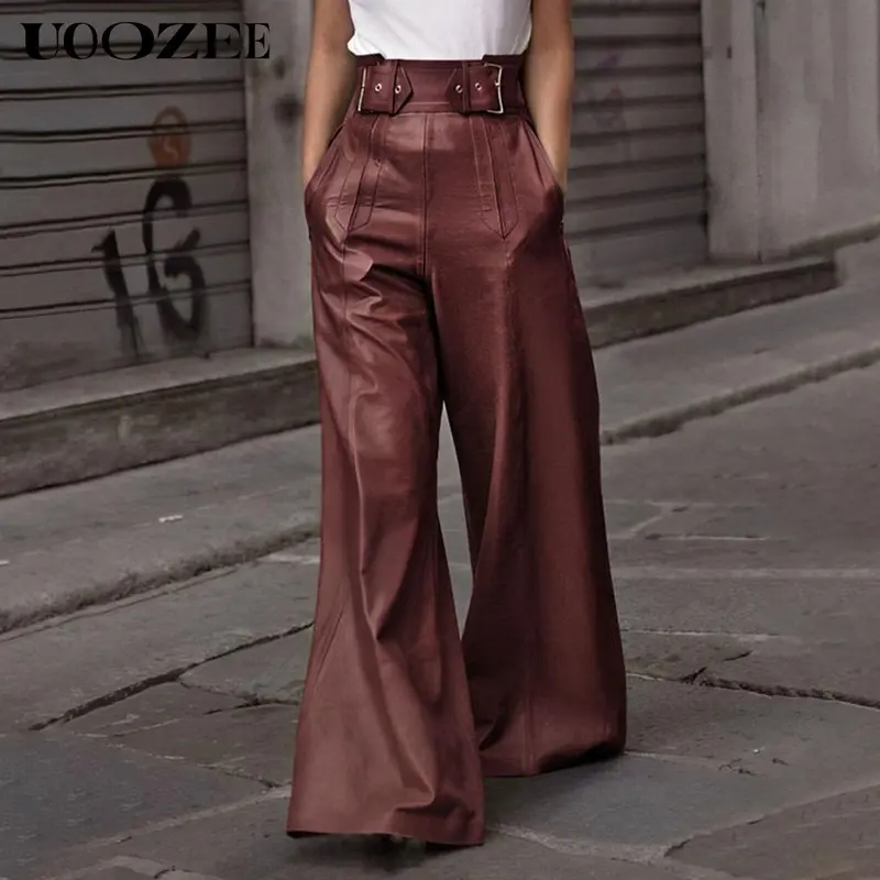 UOOZEE Women's High-Waisted Faux Leather Wide-Leg Pleated Bottoms - 40%Cotton 60%PU Trouser with Pockets, Casual Polish for Outings, Sleek Finish, All-Seasons Basics, Multi-Size Christmas Clothes for Women