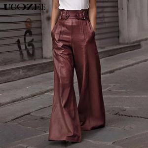 UOOZEE Women's High-Waist Wide-Leg Artificial Leather Pants - Synthetic Fabric Going Out Bottoms, Clothing with Pockets, Pleats, All-Seasons Women's Clothes Basic Bottoms