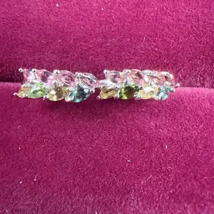 <PingEast jewelry > 925 Sterling Silver with Wheat-shaped Multicolor Tourmaline Ear Clips