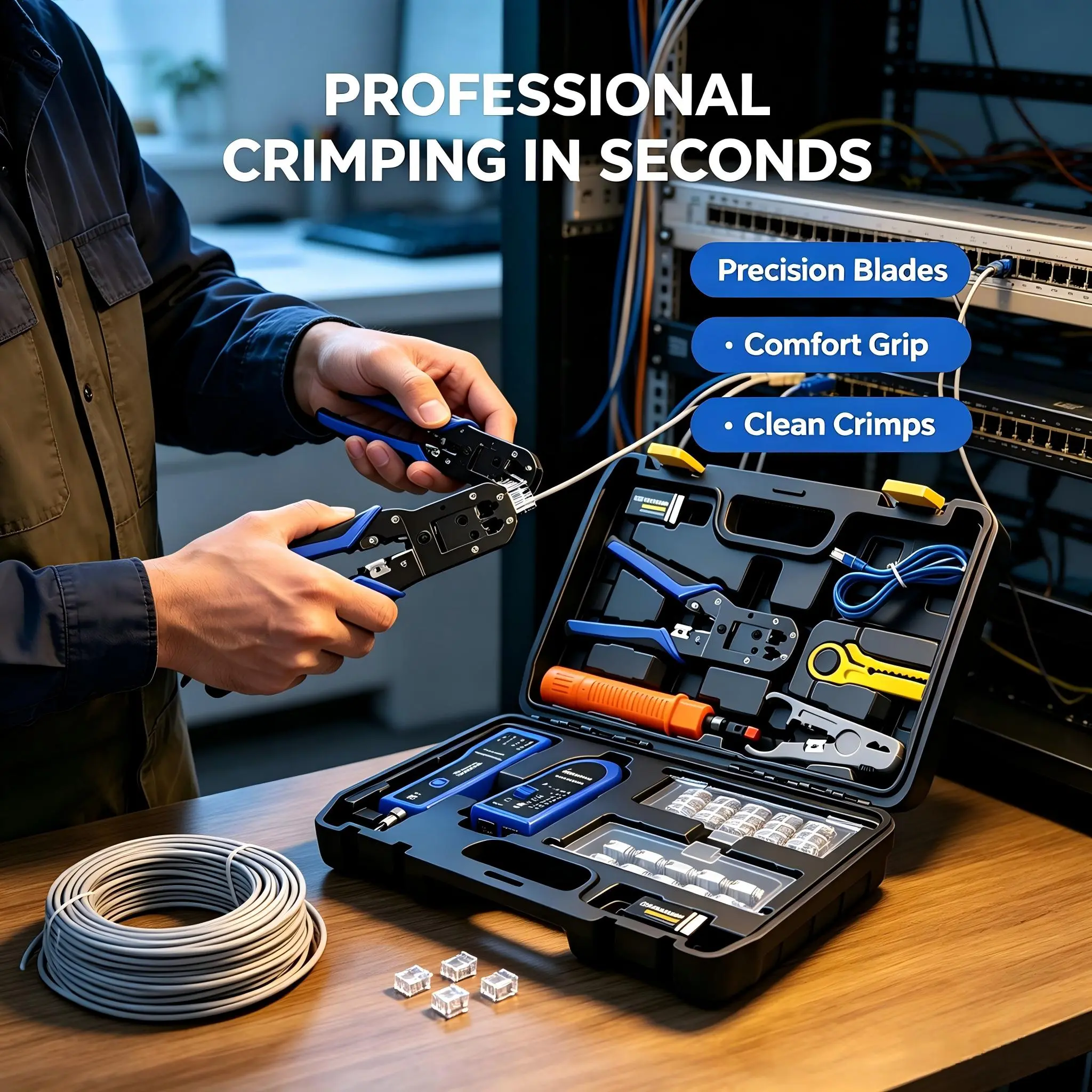 49 pcs Professional Network Tool Kit,  14 in 1 - RJ45 RJ11,RJ12,Crimp Tool, Cat6 Pass Through Connectors , Cable Tester, Wire Stripper, Ethernet Punch Down Tool,Electrician Gift, Holiday Gift