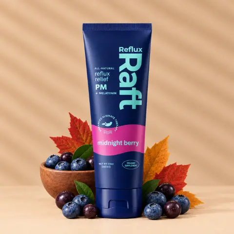 RefluxRaft Midnight Berry PM Acid Reflux Gel Therapy - Organic Alginate Formula, Pregnancy Safe, LPR Support, 0 Sugar, Gluten-Free, Low Sodium, Contains Melatonin for Nighttime Relief Body Care Daily
