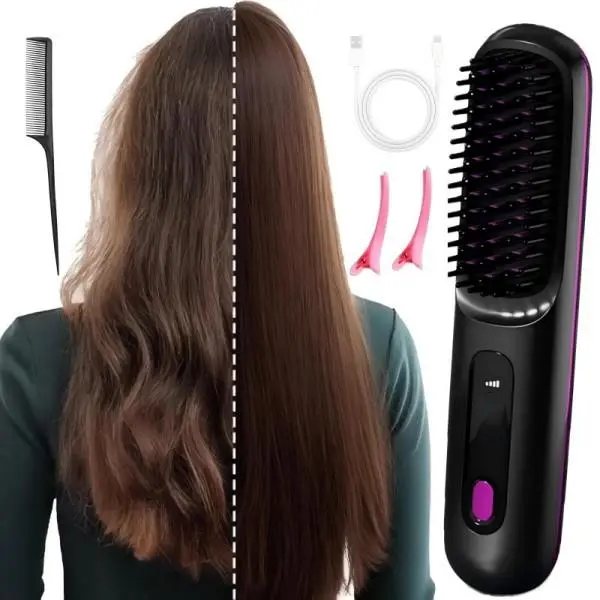 Wireless Straightening Brush, USB-rechargeable, portable, suitable for curly hair, straight hair, long hair, and hairstyling Adjustable Gift Lightweight