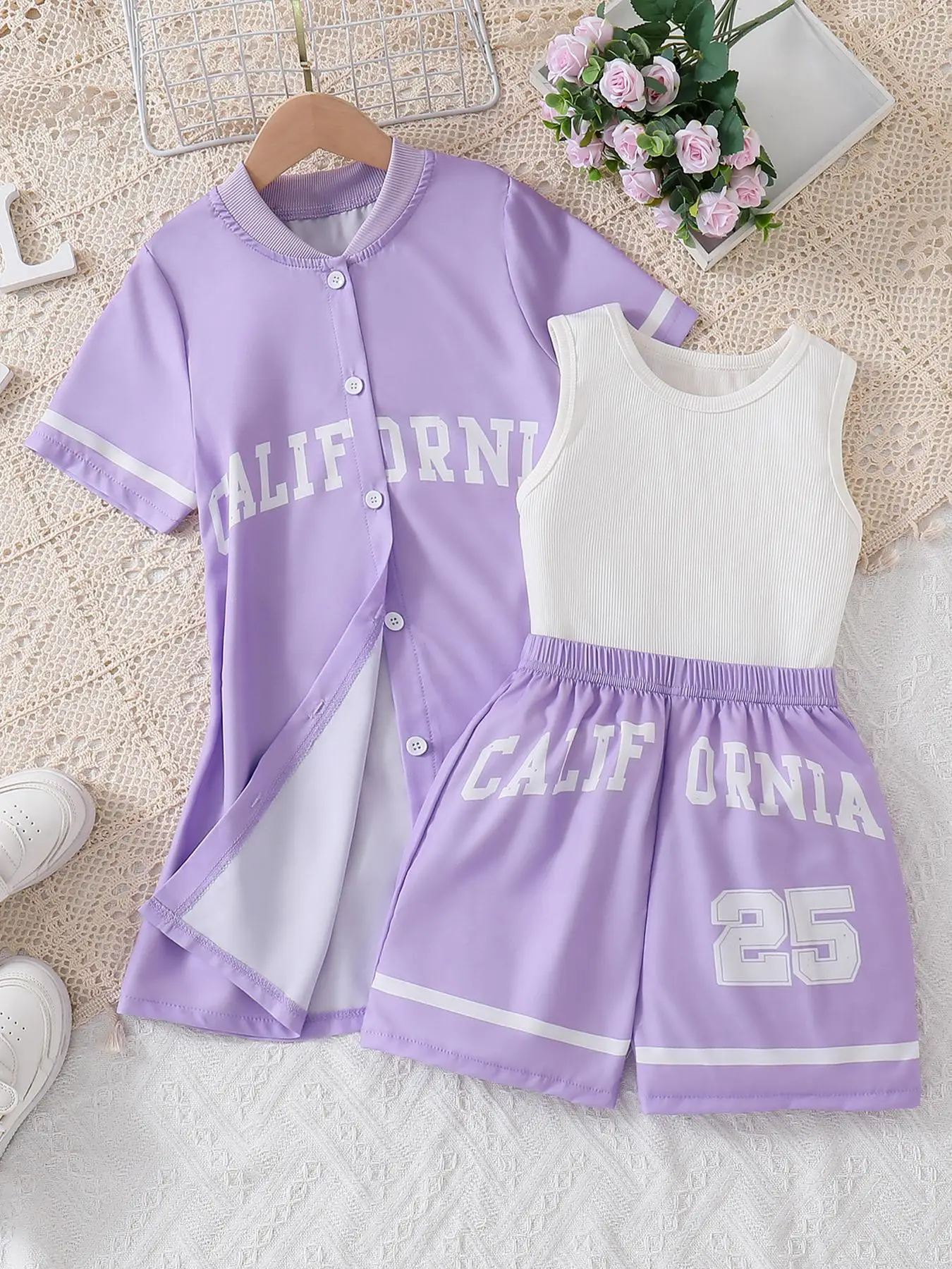 Girl's Letter Print Baseball Jersey & Vest & Shorts Three-piece Set, Casual Contrast Binding Button Front Baseball Top & Vest & Shorts for Summer, Kid