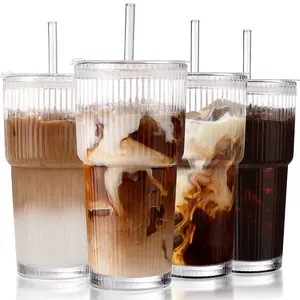 19oz Glass Tumblers with Lids and Straws - 4 Pack Ribbed Borosilicate Glass Cups for Iced Coffee, Smoothies, Cocktails, Hot and Cold Drinks
