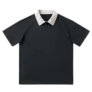 Minimalist Men's Black Polo - Gingham Collar Raglan Sleeve Streetwear Top