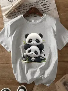 Women's Crew Neck Short Sleeve T-Shirt with Stacked Panda Family Cartoon Graphic Print Available in 3 Colors Loose and Slimming Fit Soft Breathable Skin Friendly Fabric Versatile for Spring Summer Commute Travel Daily Wear and Casual Outings