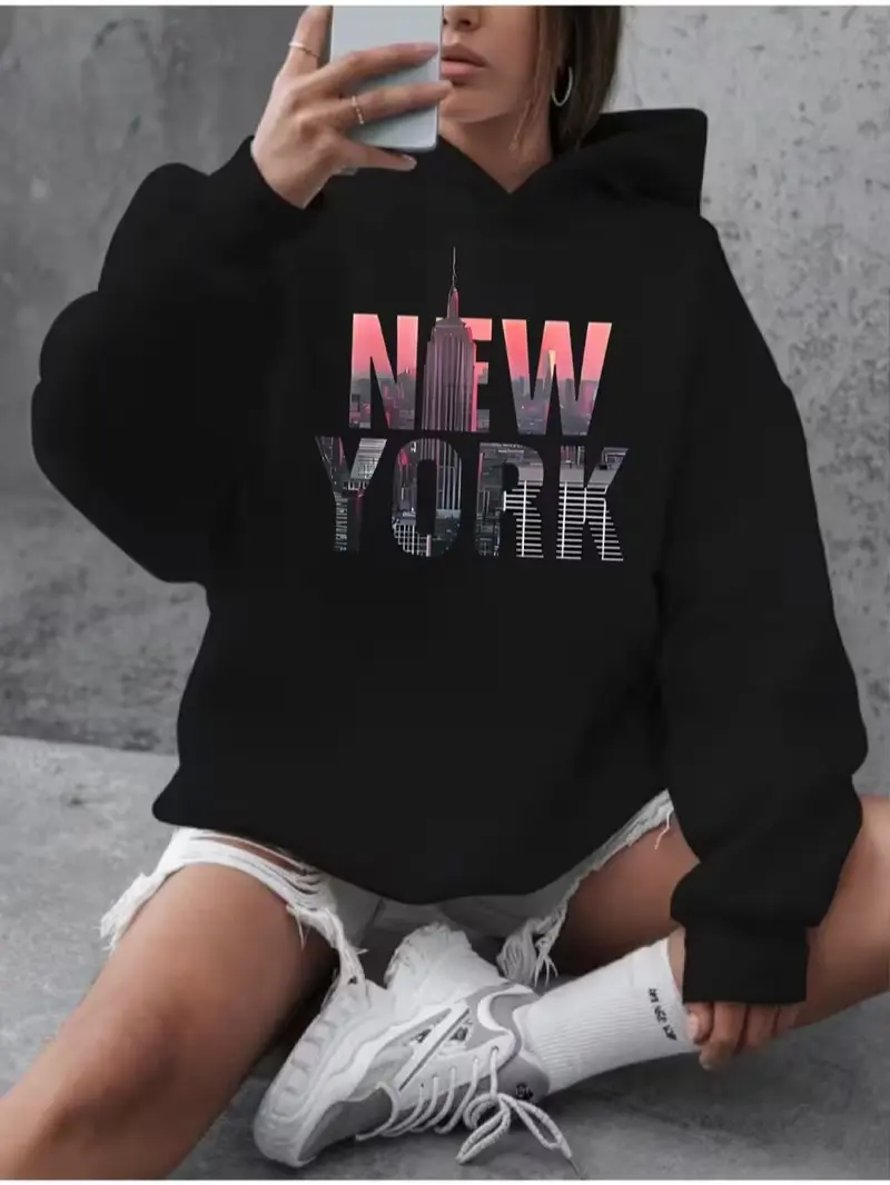 New York City Skyline Letter Front Print Cotton Outer Fleece Lined Hoodie, Urban Casual Streetwear Pullover Hooded Sweatshirt, Daily Holiday Gift