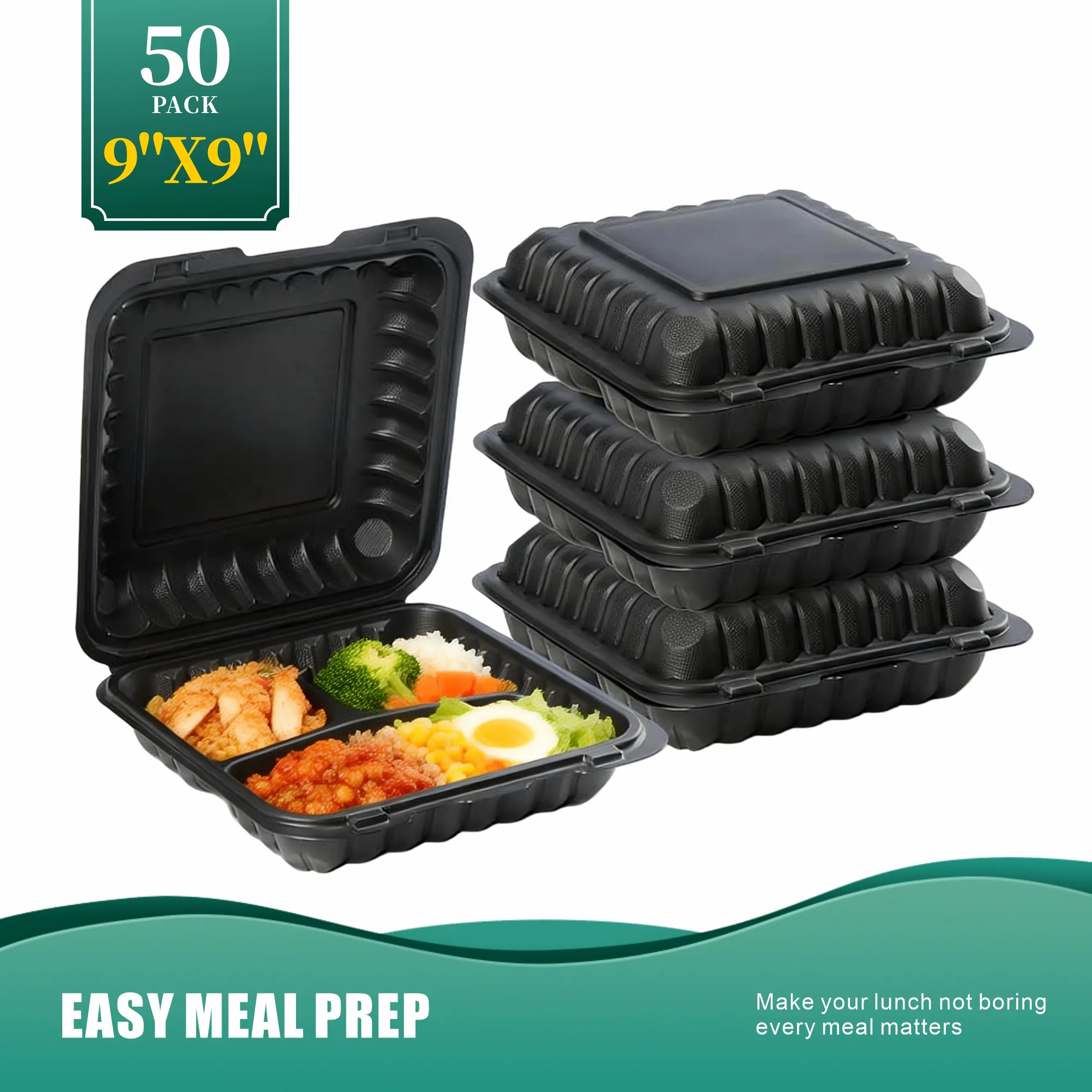 50 Pack 9x9 Inch Black 3-Compartment Takeout Containers, Heavy Duty Disposable Plastic Food Trays with Lids for Food Trucks & Street Food, BPA-Free Meal Prep Lunch Boxes for Leftovers, Microwave & Freezer Safe Leakproof for Home Kitchen
