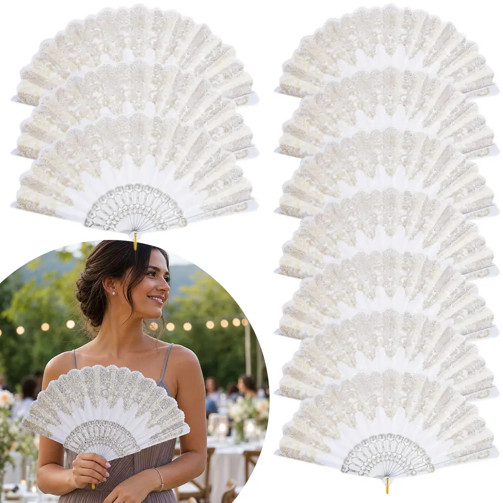 10 piece Silk Spanish Fan Chinese Japanese Fans Lace Floral Folding Hand Fans Fabric Folding Handheld Fans for Weddings, Parties, and Dancing