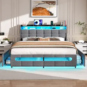 Cyclysio Queen/Full/Twin Size Bed Frame with Headboard & 4 Drawers, LED Bed Frame with Charging Station, Upholstered Bed with Storage Headboardg bed frame