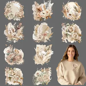 Elegant Boho Floral Pattern DIY Iron-on Transfers, 12pcs/set Washable & Durable Heat Press Decals for T-shirts, Jeans & Backpacks