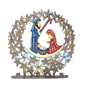 Global Crafts Haitian Metal Drum Nativity Encased in Stars
