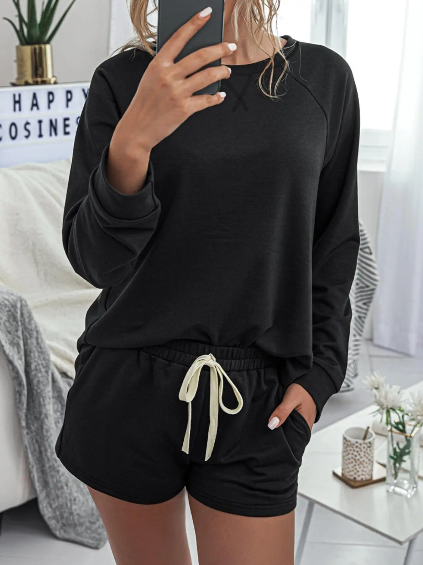 Women's Minimalist Solid Longsleeves Tee & Drawstring Pocket Shorts Two Piece Set, Lady Casual Fitted Comfort Long Sleeve T-shirt & Lounge Shorts Yoga