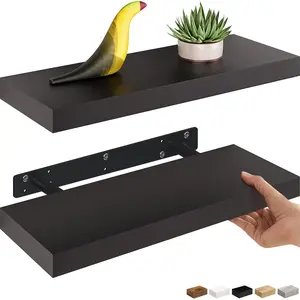 Floating Shelves, 2-Pack 16" Wood Wall Shelf Set with Invisible Brackets for Bathroom, Living Room, Bedroom, Kitchen, Nursery, 6" Deep, Black