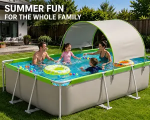 Outdoor Rectangular Foldable Swimming Pool with Sun Shade Canopy – Large Family Backyard Pool for Kids & Adults, Easy Setup Metal Frame Water Pool for Summer Fun