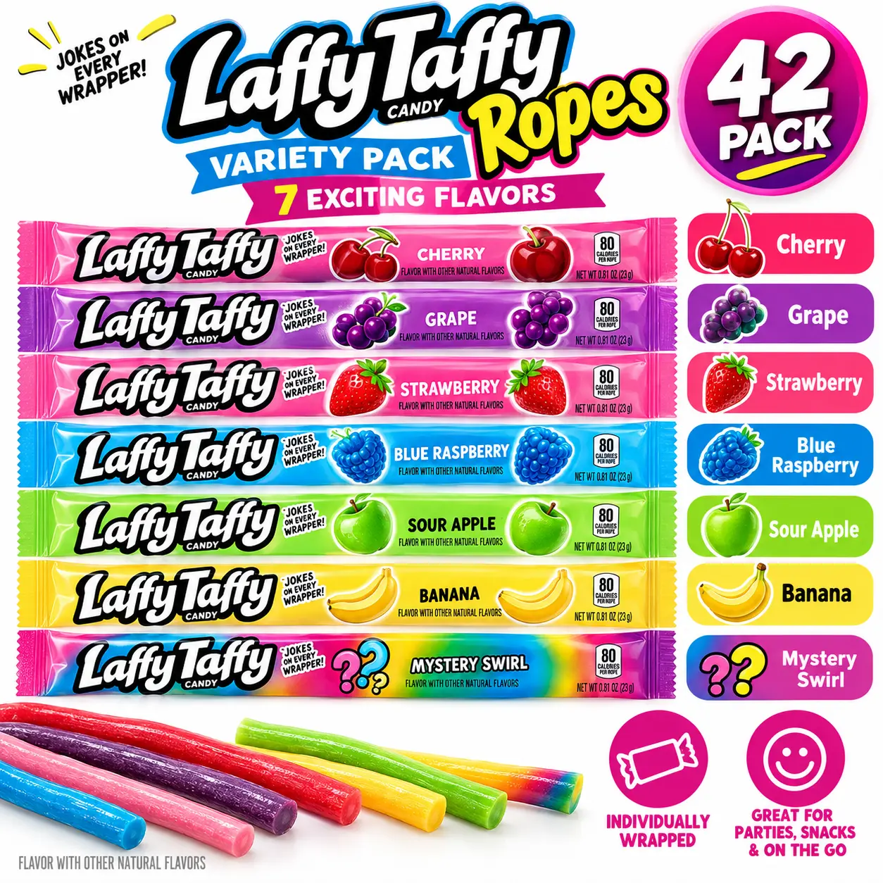 Laffy Taffy Ropes Variety Pack – 7 Flavors (Strawberry, Banana, Grape, Blue Raspberry, Cherry, Sour Apple, Swirl) – 42 Count Candy Pack