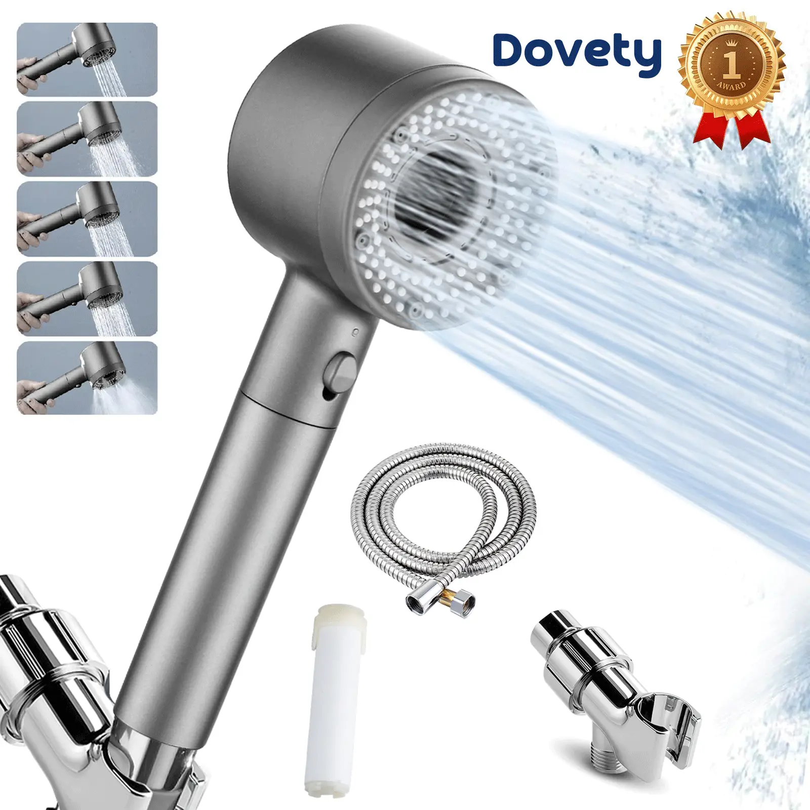 Dovety Filtered Handheld Shower Head, 5 Modes, High-Pressure Shower Kit, Detachable Turbocharged Showerhead, 4.9 Ft Extra-Long Hose, for Hard Water Ch