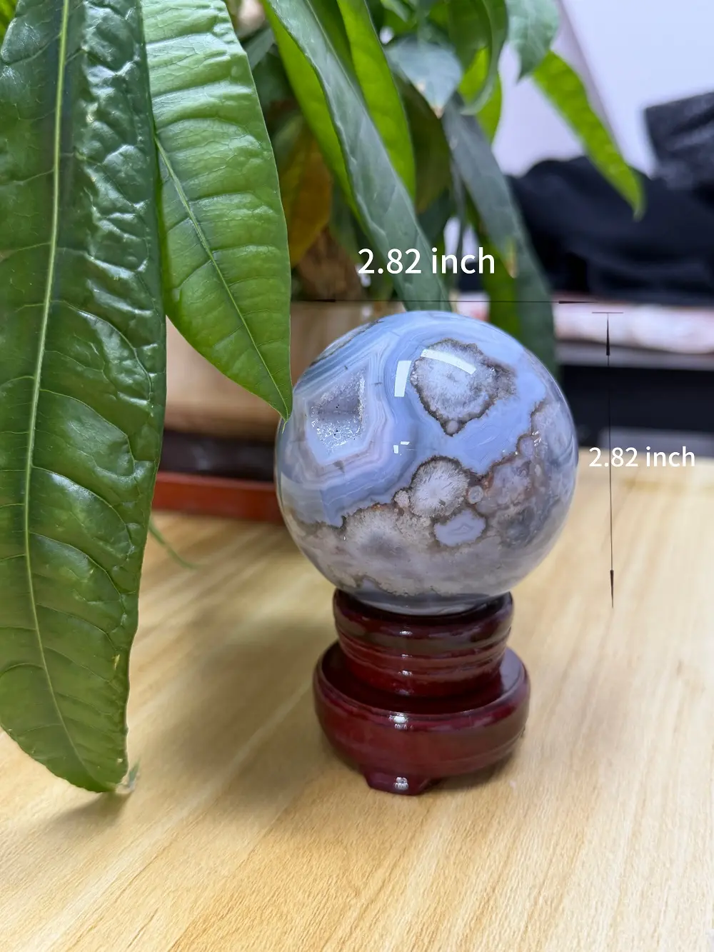 Kelsey(15043)gc.Blue Flower Agate Sphere with stand