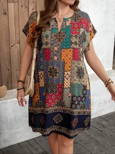 【Plus Size】 All Over Print Dress, Boho Casual Short Sleeve Dress for Daily Holiday Vacation Wear, Women's Plus Clothing for Summer