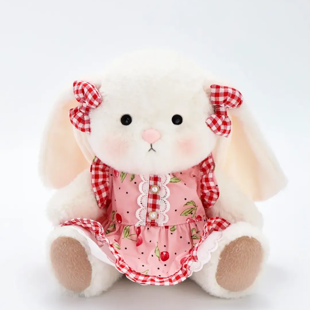 Getahug Jointed Bunny Stuffed Plushie - Handmade Pink Cherry Dress Clothes, Polyester Fabric Unisex Toy for Kids, Ideal Gift for Any Ages