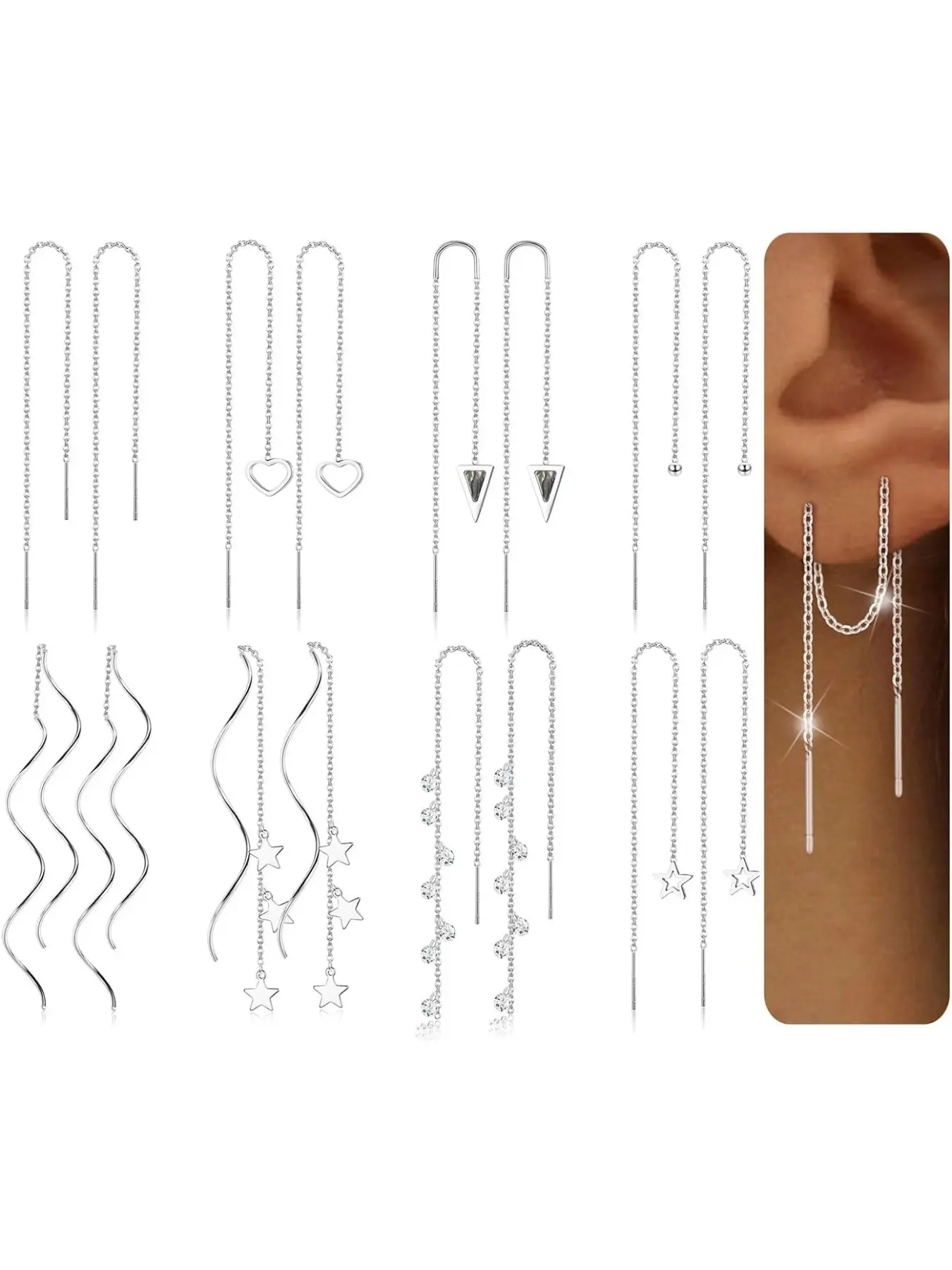 8Pairs Threader Earrings Chain Earrings Tassel Earrings for Women High Quality Earrings Stainless Steel Double Twist Wave Drop Dangle Earrings with Rhinestones Lightweight Long Chain Earrings Set