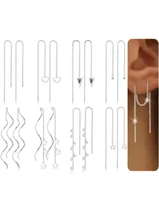 8Pairs Threader Earrings Chain Earrings Tassel Earrings for Women High Quality Earrings Stainless Steel Double Twist Wave Drop Dangle Earrings with Rhinestones Lightweight Long Chain Earrings Set