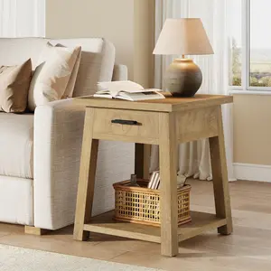 TRIBEWOOD Farmhouse Square Side Table, 2 -Tier Wooden End Table with Drawer, Rustic Nightstands with Shelf Storage for Living Room, Bedroom, Office and Small Spaces