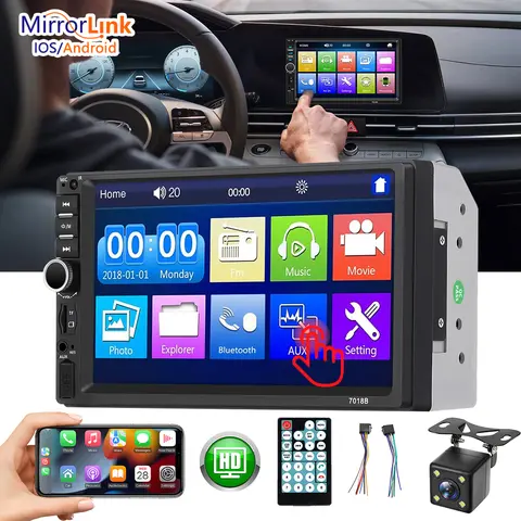 7 inch Car Stereo Double Din Radio Touchscreen with Backup Camera, Car Stereo HD Touch Screen Car Radio, Bluetooth Hands-Free Calling, FM TF AUX USB