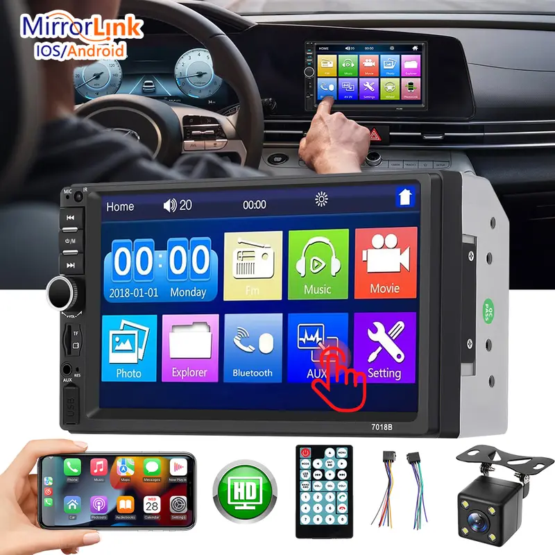 7 inch Car Stereo Double Din Radio Touchscreen with Backup Camera, Car Stereo HD Touch Screen Car Radio, Bluetooth Hands-Free Calling, FM TF AUX USB