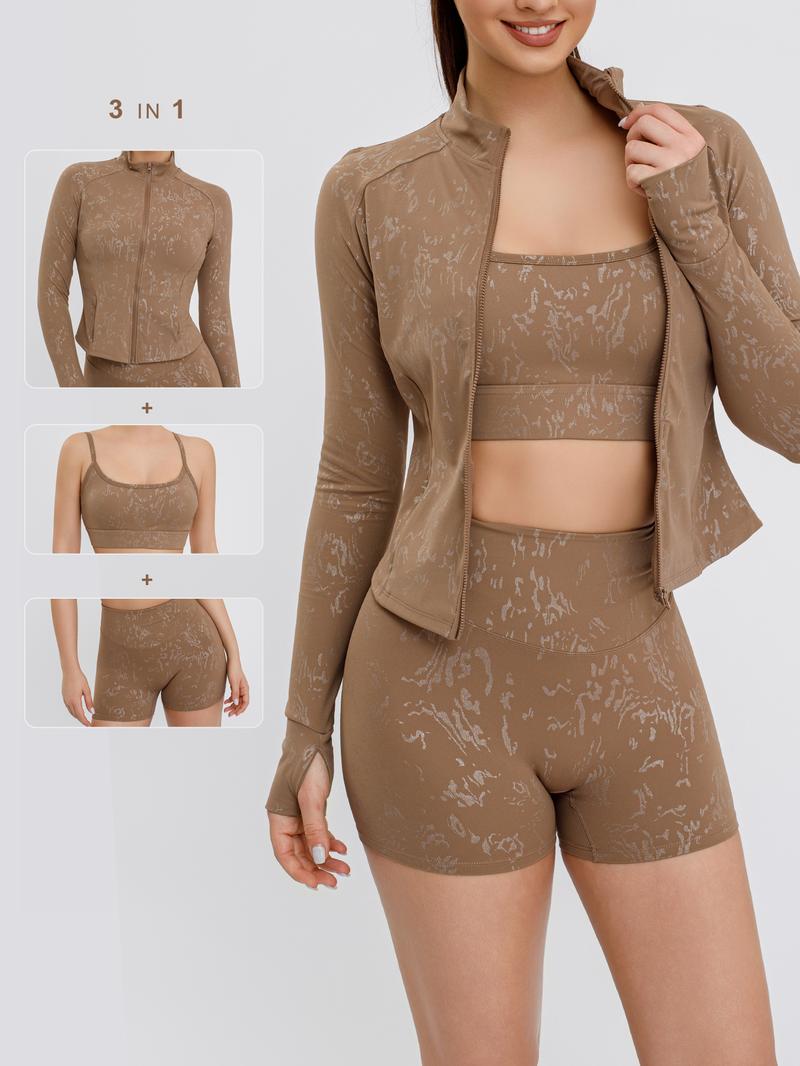 S&W Women's Yoga 3-Piece Set - Biker Short, Tank Top, Jacket with Zipper - Tie-Dye in Apricot Blue & Black - High-Rise Collar, 4-Way Stretch