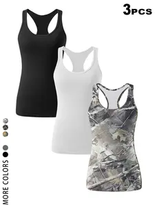 TikTok Viral 2026 Women's 3 Piece Racerback Tank Tops Set - Solid Black White & Leopard/Camo Print Sleeveless Basic Tops,Y2K Athleisure Streetwear,for Gym, Workout, Yoga, Hiking, Daily Wear - Trendy Casual Undershirts for Teen Girls & Young Women