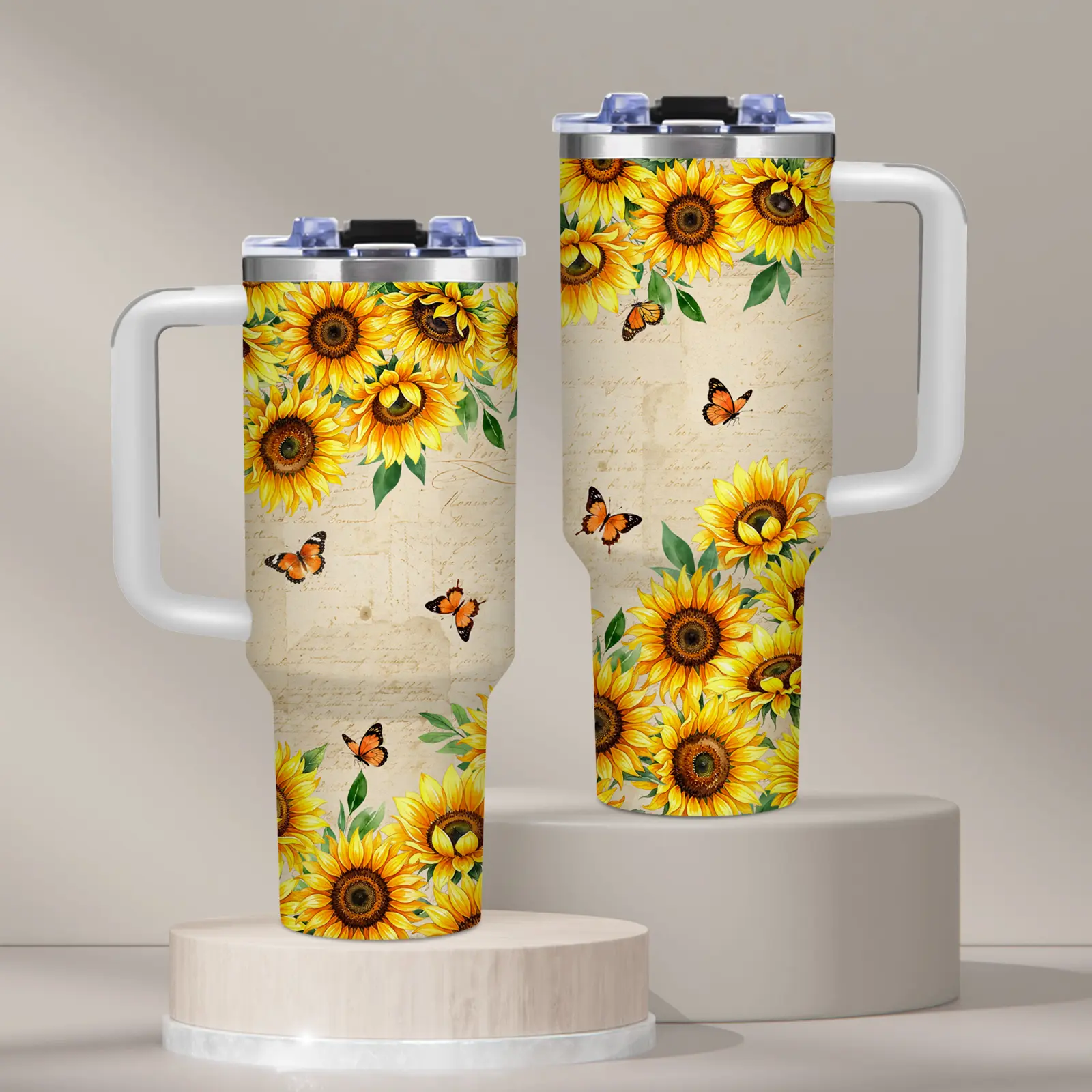 1PC, Sunflower and Butterfly, 40oz tumbler with handle, iced coffee cup, vintage watercolor design, Sunflower Lover Gift, for office and travel, Summer, Travel Mug, Stainless Steel Vacuum Insulated Water Bottle, Tumbler Gift for Women and Men