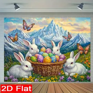 （JIT)1PC, Easter butterflies, white rabbits, and Easter eggs 2D flat photography background cloth and party banners, suitable for New Year celebrations, holiday parties, home photography, garden decoration backgrounds