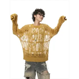 Slouchy Sweaters Men Hollow Out Baggy Hole Sun Protection Lightweight Long Sleeve Streetwear Vintage Fashion Knitting Summer Ins