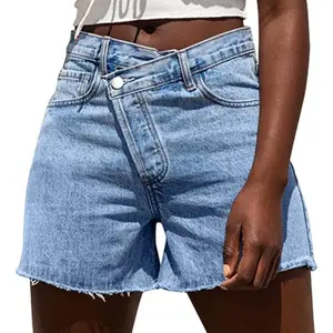 Genleck Women Crossover High Waisted Jeans Shorts Stretchy Casual Denim Shorts Boyfriend Summer Womenswear Streetwear Bottom