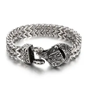 ORPHIC Punk Retro Wolf Head Snake Head Mens Bracelet Stainless Steel Wolf Head Franco Link Curb Chain Bracelet For Men Father Husband Gifts