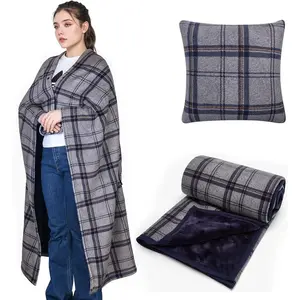 Wearable Blanket Pillow 2-in-1, Lap Blanket Poncho with Button Throw Cushion for Home Office Sofa