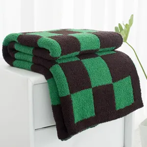 Green and Brown Checkered Knitted Throw Blanket, 50"x60" 400GSM Ultra Microfiber Fuzzy Fluffy Preppy Plush Fall Throw for Couch, Bed, Check - Green And Brown