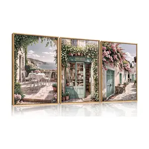 3pcs French Flower Street Unframed Canvas Wall Art Set,Romantic Green Landscape Wall Decor,Vintage Mediterranean Bookstore Neutral Coast Cityscape Artwork for Living Room, Bedroom