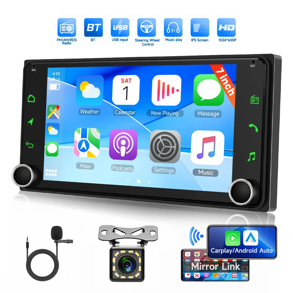 Car Radio for Toyota Corolla, RAV4, Yaris, Hilux, Prado, Land Cruiser | AM/FM/RDS Radio, Wireless CarPlay & Android Auto, Bluetooth, 2 DIN 7 Inch Touchscreen, EQ Sound, Backup Camera, Custom Button Backlight