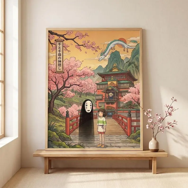 Spirited Away Inspired Print, Anime Japanese Bathhouse Poster, Cherry Blossom Fantasy Decor, Dragon Spirit Art, Studio Ghibli Style Print