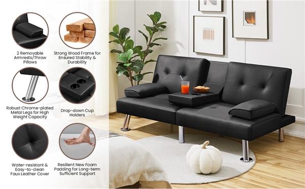 Yaheetech Faux Leather Convertible Futon Sofas& Sofa Bed with 2 Throw Pillows & Drop-down Cup Holders, 3-In-1 Adjustable Futon Couch