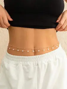 2pcs Pearl Belly Chain Gold Waist Chain for Women Waist Jewelry for Women Gold Belly Chains Beads Summer Stomach Jewelry Simple Sexy Body Chains non Tarnish Waterproof Plus Size
