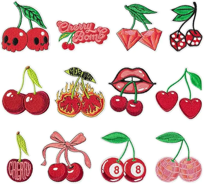 12Pcs Cherry Iron on Patches Cute Fruit Cherry Bomb Sew on Repair Embroidered Applique Red Aesthetic Girly Style Bow Skull Lip DIY Crafts Accessories Gifts for Girls Women Clothing Backpack Hat
