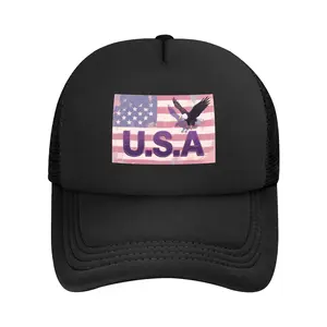 Unisex Adjustable Black Polyester Clothing Trucker Baseball Cap - Retro American Flag, Eagle & Geometric Print, for Patriotic Americans, Outdoor Use All Year Round