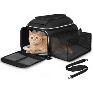 Top and Side Expandable Pet Carrier 17x12x8.5 Inches JetBlue Frontier Spirit Airline Approved, Soft-Sided Carrier for Small Cats and Dogs with Locking Safety Zipper and Anti-Scratch Mesh(Black)