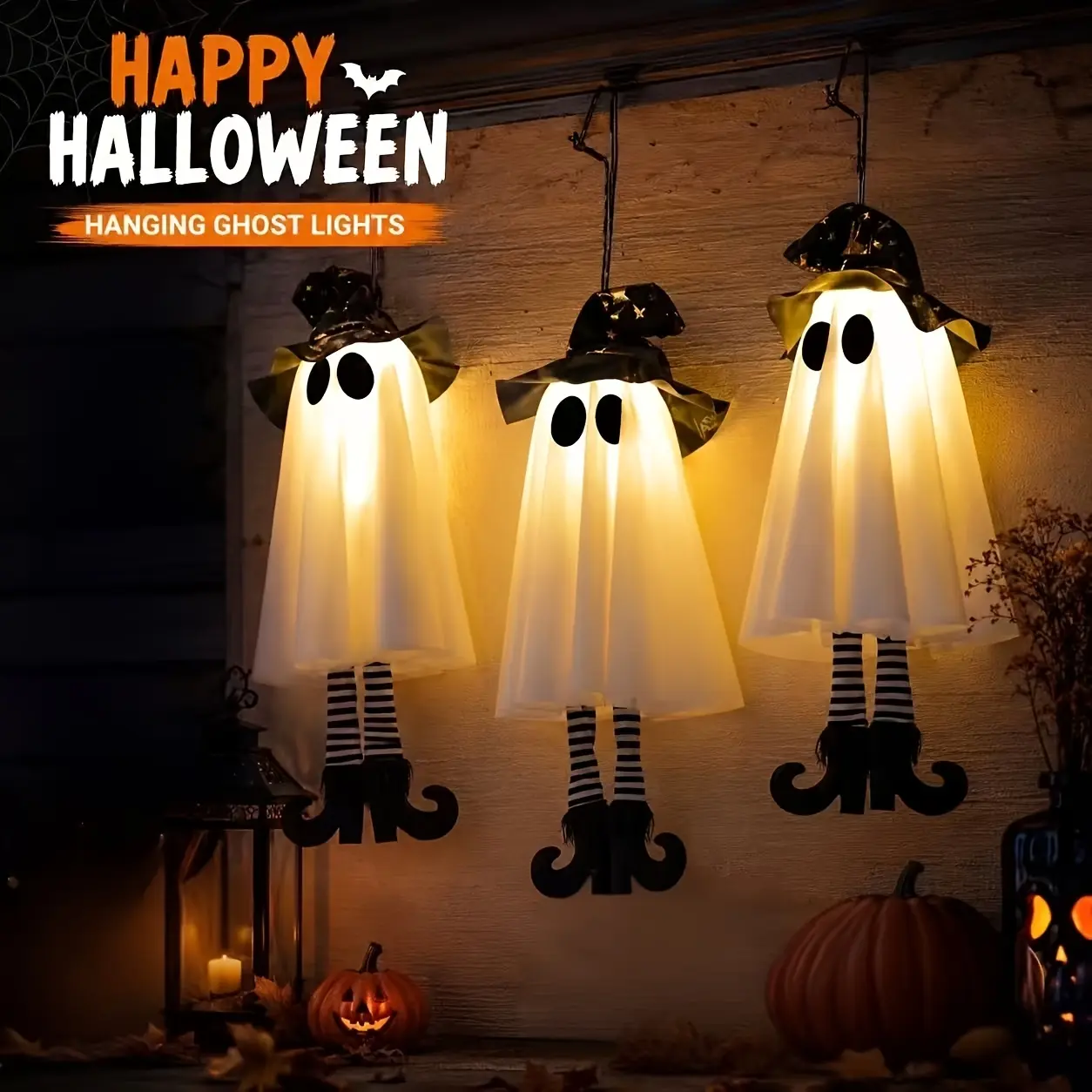 LED Battery-Operated Glow-in-the-Dark Hanging Witch Ghost Halloween Decoration, White Hanging Ornaments with Hat & Shoes, Witchy Things Party Lights for Front Doors, Haunted House